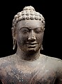 Buddha Offering Protection, Sandstone with traces of lacquer and gilding, Southern Cambodia