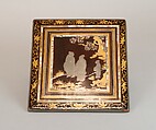Food Box with Striped Decoration and Chinese Figures, Lacquered wood with gold and silver hiramaki‑e, lead, and mother‑of‑pearl inlay on black ground, Japan