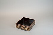 Food Box with Striped Decoration and Chinese Figures, Lacquered wood with gold and silver hiramaki‑e, lead, and mother‑of‑pearl inlay on black ground, Japan