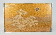 Writing Box (Suzuribako) and Writing Table (Bundai) with Pines at Takasago and Sumiyoshi, Yukio Yukio II (Japanese, 1860–1929), Lacquered wood with gold, silver takamaki-e, hiramaki-e, cut-out gold foil on nashiji ground, silver inlay, silver fittings, Japan
