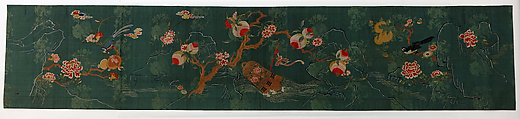 Panel with bell, birds, flowers, and fruits, Silk embroidery over damask satin, China