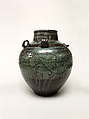 Jar, Clay covered with a transparent glaze with streaks on the upper half, a thin brown glaze on the lower half; incised decorations (Karatsu ware), Japan