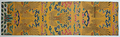 Hanging with Phoenixes, Silk satin brocaded with silk and metal thread, China