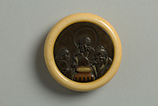 Netsuke of The Three Wine Tasters (Confucious, Buddha, Laozi), Ivory with bronze disk inlaid with gold, Japan