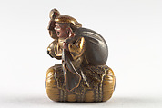Netsuke of Daikoku and Bag on Rice Bale, Wood, Japan