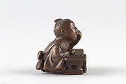 Netsuke of Young Boy at Writing Desk, Dreaming, Wood, Japan