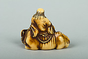 Netsuke of Man Sitting on a Recumbent Ox, Ivory, Japan