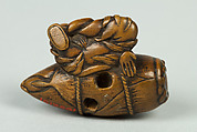 Netsuke of Old Man Carrying a Very Large Acorn, Wood, Japan