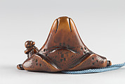 Netsuke in shape of Mount Fuji with Traveling Monk and Pine, Wood, Japan