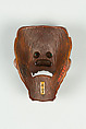 Netsuke of Devil Mask with Wide-Open Mouth, Wood, dark brown; inlaid green glass eyes, Japan