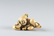 Netsuke of a Man Sleeping while Monkey Steals Contents of Basket, Ivory, Japan