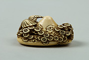 Netsuke of Mountain with Flowers and a Bird, Ivory, Japan