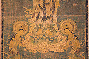 Welcoming Descent of Amida, the Buddha of Limitless Light, with Bodhisattvas Kannon and Seishi, Framed panel; embroidered silk and possibly human hair, Japan