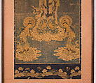 Welcoming Descent of Amida, the Buddha of Limitless Light, with Bodhisattvas Kannon and Seishi, Framed panel; embroidered silk and possibly human hair, Japan