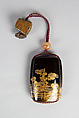 Case (Inrō) with Design of Chrysanthemums by a Stream, Sprinkled gold lacquer; Ojime: agate, Netsuke: carved wood frog on old bucket, Japan
