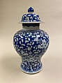 Covered jar with plum blossoms, Porcelain painted in underglaze cobalt blue (Jingdezhen ware), China