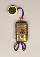 Inrō with Prince Yamato Takeru Disguised as a Woman, Bairin (lacquerwork), Five cases; lacquered wood with gold, silver takamaki-e, hiramaki-e, and cut-out gold foil application on gold ground
Netsuke: kagamibuta type, Ono no Tōfū; ivory and metal
Ojime: red coral bead, Japan