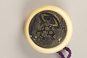 Inrō with Prince Yamato Takeru Disguised as a Woman, Bairin (lacquerwork), Five cases; lacquered wood with gold, silver takamaki-e, hiramaki-e, and cut-out gold foil application on gold ground
Netsuke: kagamibuta type, Ono no Tōfū; ivory and metal
Ojime: red coral bead, Japan