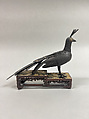 Figure of a Peacock, Bronze, gold or brass inlay, teakwood stand, Japan