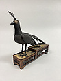 Figure of a Peacock, Bronze, gold or brass inlay, teakwood stand, Japan