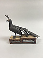 Figure of a Peacock, Bronze, gold or brass inlay, teakwood stand, Japan