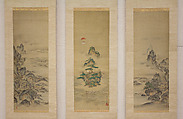 Mount Penglai with Eight Views of Xiao and Xiang, Kano Tansui Moritsune (active 19th century), One from a triptych of hanging scrolls; ink and color on silk, Japan