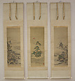 Mount Penglai with Eight Views of Xiao and Xiang, Kano Tansui Moritsune (active 19th century), One from a triptych of hanging scrolls; ink and color on silk, Japan