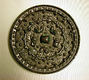 Mirror with fantastic animals amid grape vines, Bronze, silver patina, China