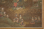 Descent and Return of Amida to Western Paradise with a Believer's Soul (Gōshō mandara), Hanging scroll; ink and color on silk, Japan