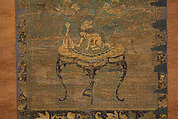 Amida Triad in the Form of Sacred Sanskrit Syllables, Hanging scroll; silk embroidery, gold-wrapped thread, and human hair, Japan