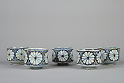 Set of Five Teacups (Yunomi-wan) with Chrysanthemum and Broken-Ice Pattern, Porcelain with cobalt blue under transparent glaze (Hizen ware, Arita type), Japan