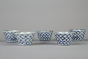 Set of Five Sencha Teacups (Sencha wan) with Lattice Pattern, Porcelain painted with cobalt blue under a transparent glaze (Hizen ware), Japan