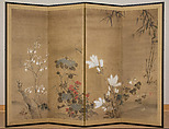 Flowers and Bamboo, Four-panel folding screen; ink and color on paper, Japan