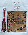 Holy water bottle and tapestry case, Bottle: silver gilt with copper; case: silk, metallic thread, Tibet