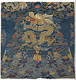 Panel with dragon (part of a robe-length), Silk brocade satin, gold thread, peacock feather filaments, China