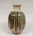 Sake jar, Stoneware with opaque white glaze; over this, a dense iron glaze dripped in a vertical pattern  (Shigaraki ware), Japan
