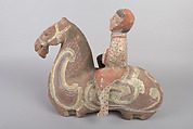 Horse and cavalry rider, Earthenware with pigment, China