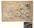 Durga Confronts the Buffalo Demon Mahisha: Scene from the Devi Mahatmya, Ink and opaque watercolor on paper, India, Guler, Himachal Pradesh