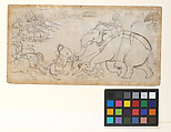 Skirmish with an Elephant, Ink on paper, India (Guler, Punjab Hills)