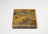 Writing Box (Suzuribako) with “The Lady of the Bridge” Design, Lacquered wood with gold and silver takamaki-e and hiramaki-e, and silver inlay on gold nashiji (“pear-skin”) ground, Japan
