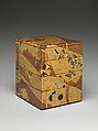 Stacked Food Box (Jūbako) with “Whose Sleeves?” (Tagasode) Design, Lacquered wood with gold and silver hiramaki-e, gold- and silver-foil application, and mother-of-pearl inlay on gold nashiji (“pear-skin”) ground, Japan