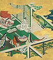 “A Lovely Garland” (Tamakazura), from The Tale of Genji, Painting by circle of Tosa Mitsuyoshi 土佐光吉 (Japanese, 1539–1613), Album leaves mounted as a pair of hanging scrolls; ink, gold, silver, and color on paper, Japan