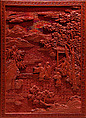 Cabinet with figures in a landscape, Carved red lacquer; gilt bronze fittings, China