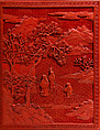 Cabinet with figures in a landscape, Carved red lacquer; gilt bronze fittings, China