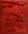 Cabinet with figures in a landscape, Carved red lacquer; gilt bronze fittings, China