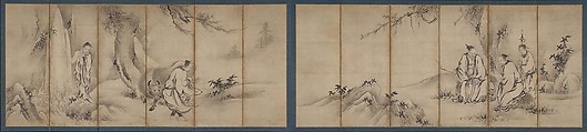 Chinese Sages, Attributed to Kano Sanraku (Japanese, 1559–1635), Pair of six-panel folding screens; ink on paper, Japan