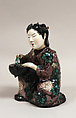 Figure of Girl with Wine-Kettle, Pottery decorated with enamels (Hizen ware, Kutani type), Japan