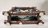 Hand washing basin, Porcelain decorated in blue; balustrade glazed to resemble pinebark; (Koto ware), Japan