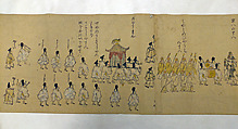 Procession of the Emperor and Suite, Kano School (Japanese, 1476–1559), One of a set of two handscrolls; ink and color on paper, hand-tinted, Japan