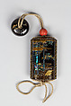 Inrō with God of Longevity (Jurōjin) and a Stag (obverse) and Long-Tailed Turtle (Minogame) under Bamboo (reverse), Somada School Artist (Japanese), Four cases; lacquered wood with gold hiramaki-e, togidashimaki-e, nashiji (“pear-skin ground”), gold foil cutouts, and mother-of-pearl inlay on black lacquer ground Netsuke: manju type, basket with chrysanthemums; lacquered wood with mother-of-pearl inlay Ojime: carved red lacquer bead, Japan